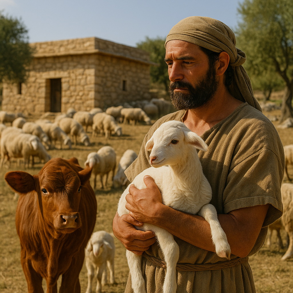 Bibliai korabeli pásztor egy bárányt tart a karjában, mellette egy borjú és juhok egy kőépület előtt.