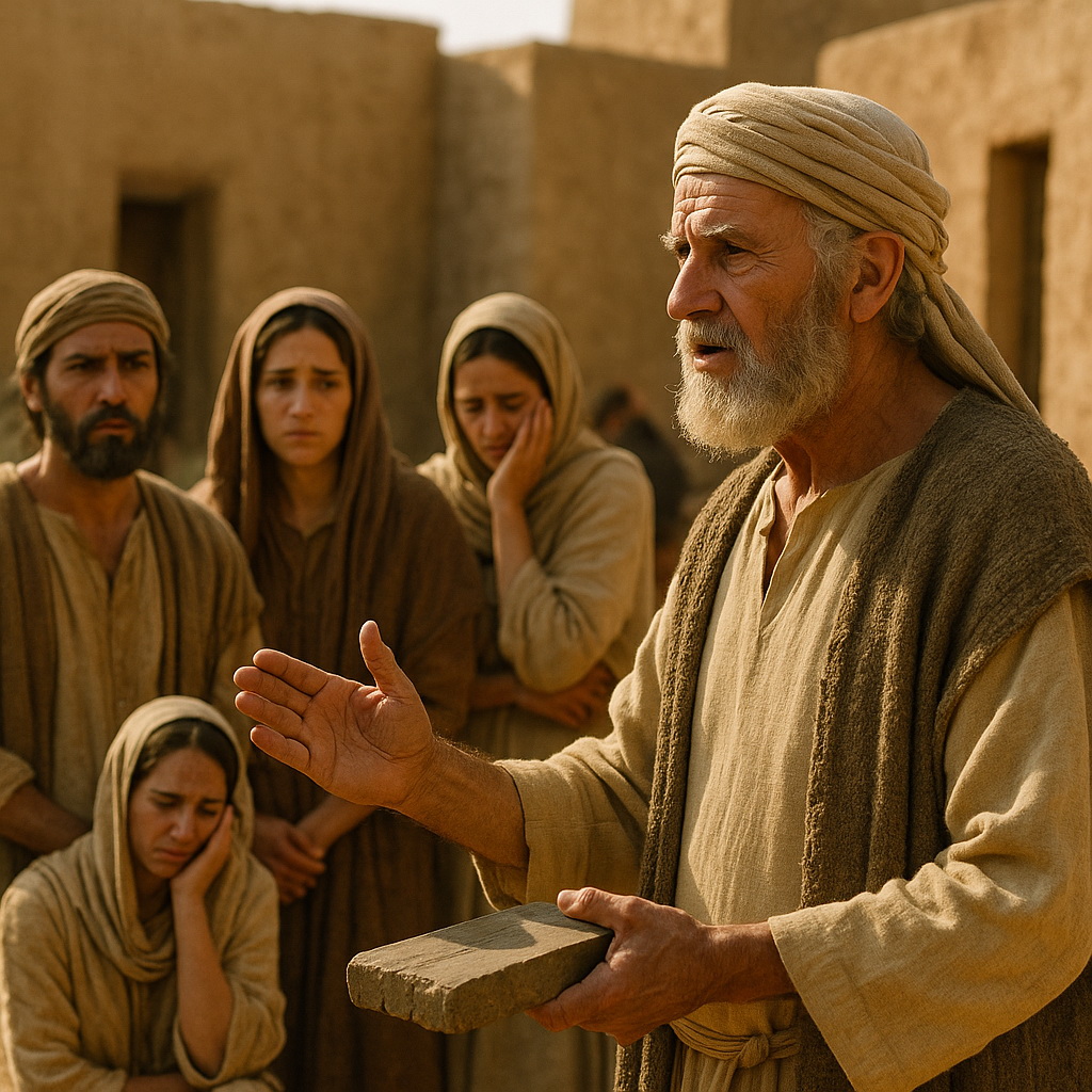 Idős férfi figyelmezteti a gyászoló népet egy ókori izraeli faluban, hogy ne kövessék a pogány szokásokat.