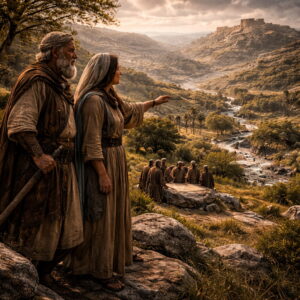 Káleb és Áksá Júda hegyvidékén forrásokat kérve, háttérben Júda örökségének települései és távoli Jeruzsálem sziluettje Józsué 15 alapján