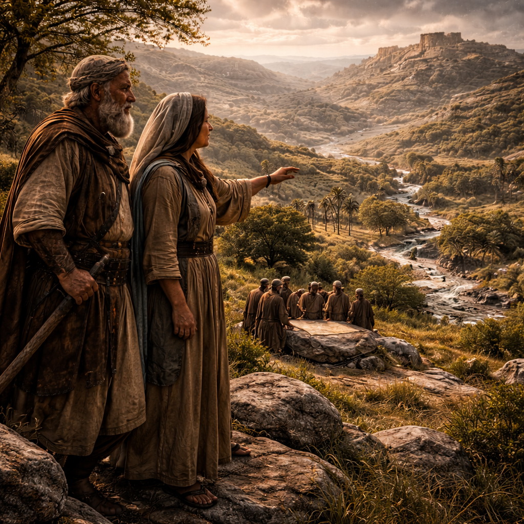 Káleb és Áksá Júda hegyvidékén forrásokat kérve, háttérben Júda örökségének települései és távoli Jeruzsálem sziluettje Józsué 15 alapján