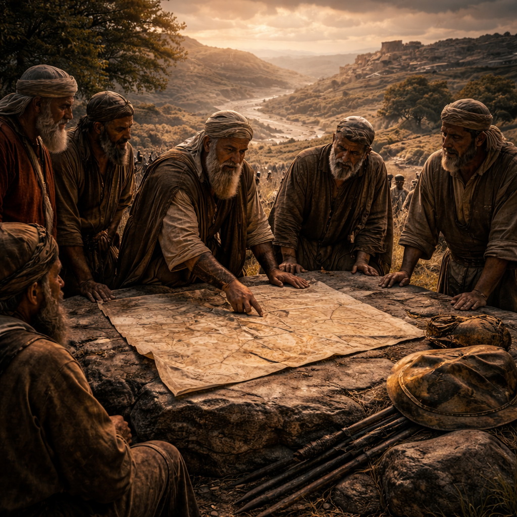 Idős Józsué és Izráel vénei térképet néznek az örökség kiosztásakor, a birtokolt és még be nem vett területek hátterével Józsué 13 szerint