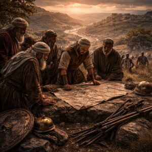 Józsué és Izráel vénei a meghódított területeket jelző tekercs fölött, a győzelem csendes jeleivel Kánaán táján Józsué 12 alapján