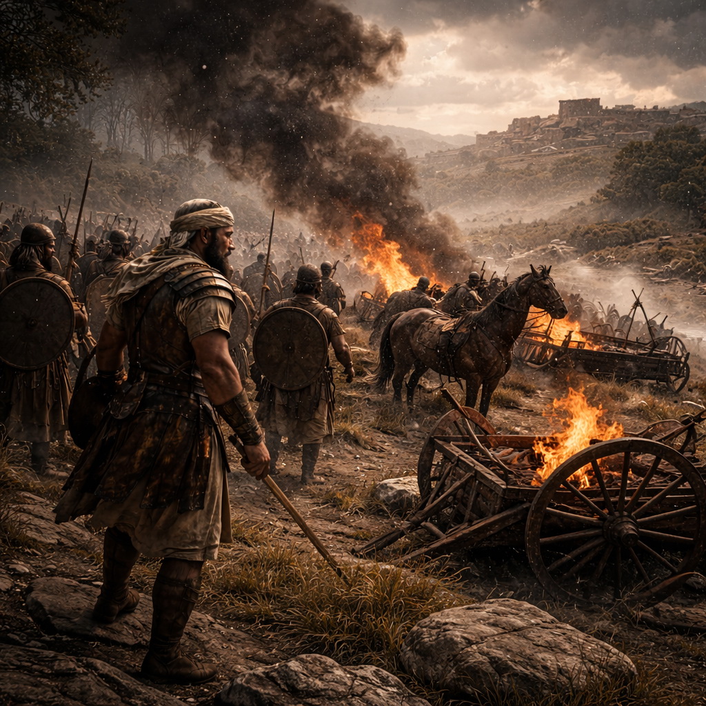 Izráeli harcosok Józsué vezetésével a Méróm vizeinél, égő kánaáni szekerekkel a háttérben, Hácor felé tekintve Józsué 11 szerint