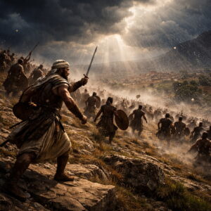 Józsué és Izráel serege előretör Kánaán dombvidékén, miközben vihar és jégeső sújtja a menekülő ellenséget Józsué 10 szerint