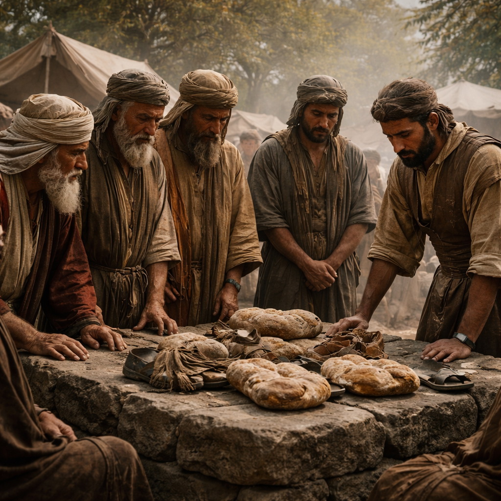 Józsué és Izráel vénei a gibeonita küldöttekkel, poros útravalót vizsgálva Gilgál táborában a félrevezető szövetség előtt