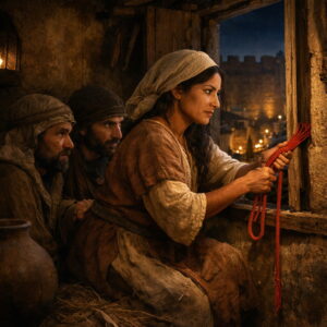 Ráháb elrejti Józsué kémeit Jerikóban, az ablaknál a veres fonal jelével, amely az irgalom és megmenekülés ígéretét mutatja.