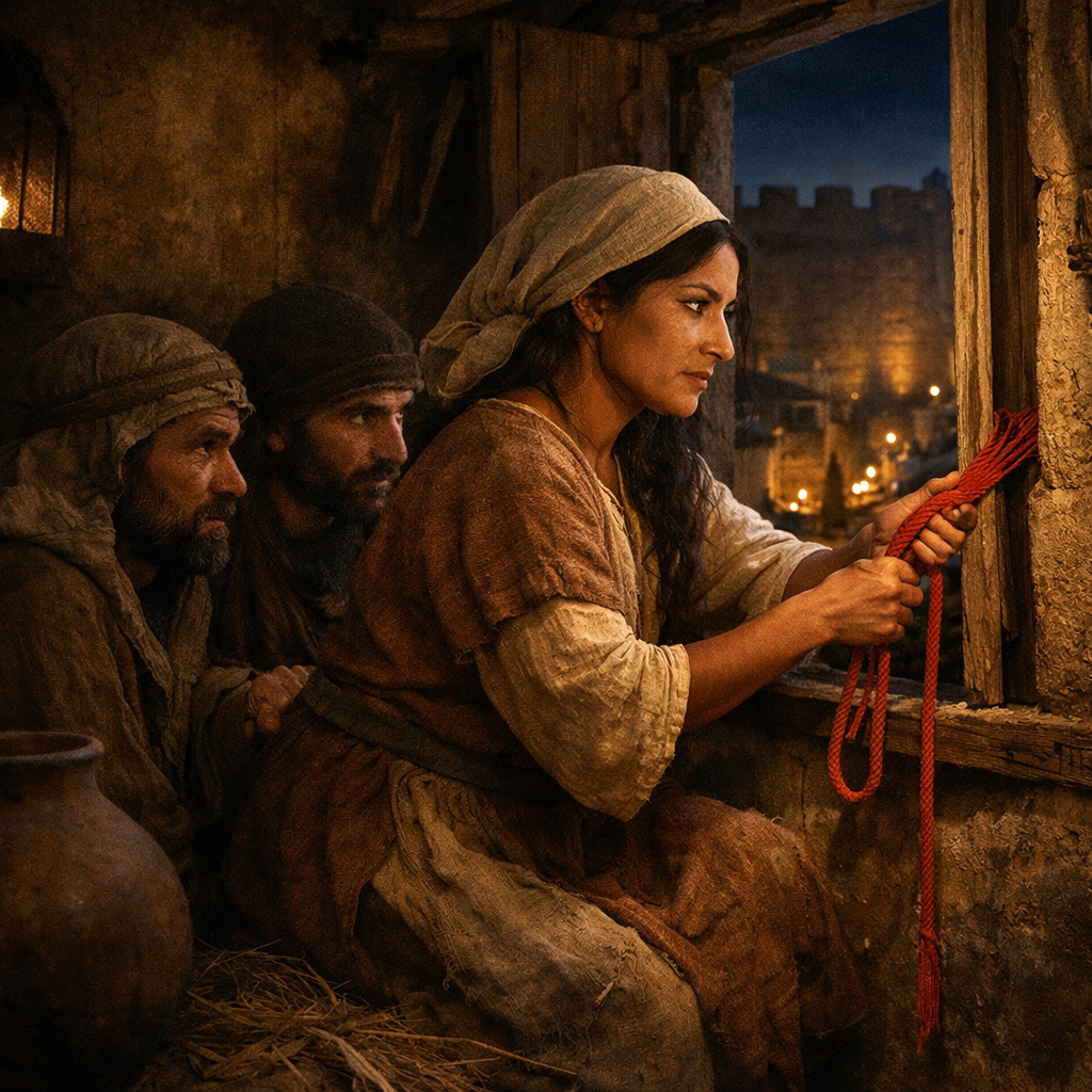 Ráháb elrejti Józsué kémeit Jerikóban, az ablaknál a veres fonal jelével, amely az irgalom és megmenekülés ígéretét mutatja.