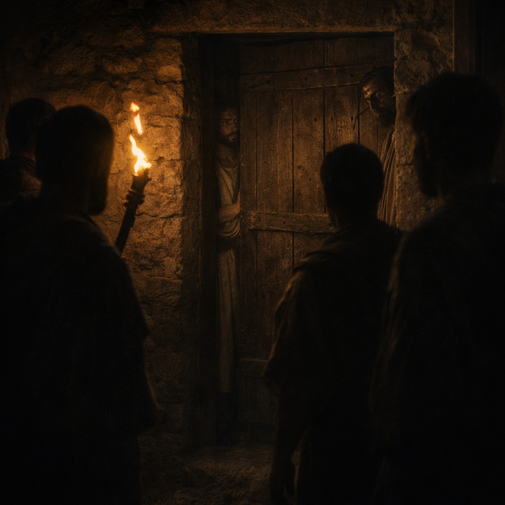 Gibeai ház ajtaja előtt sötét alakok gyülekeznek, miközben a lévita feszülten áll bent (Bírák 19).