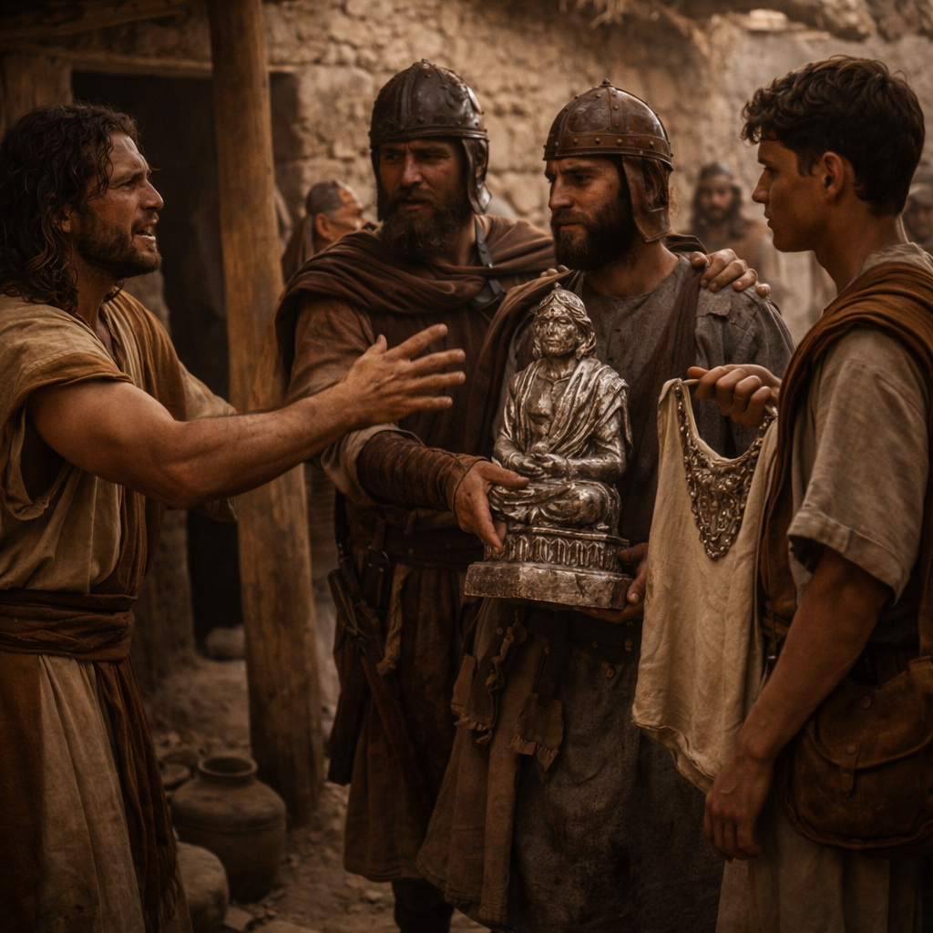 A dániták elrabolják Míká bálványát és a lévitát Míká házából (Bírák 18).