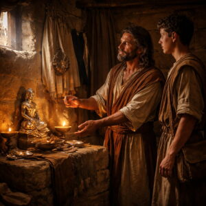 Míká házi szentélye bálvánnyal és efóddal, mellette egy lévita áll (Bírák 17).