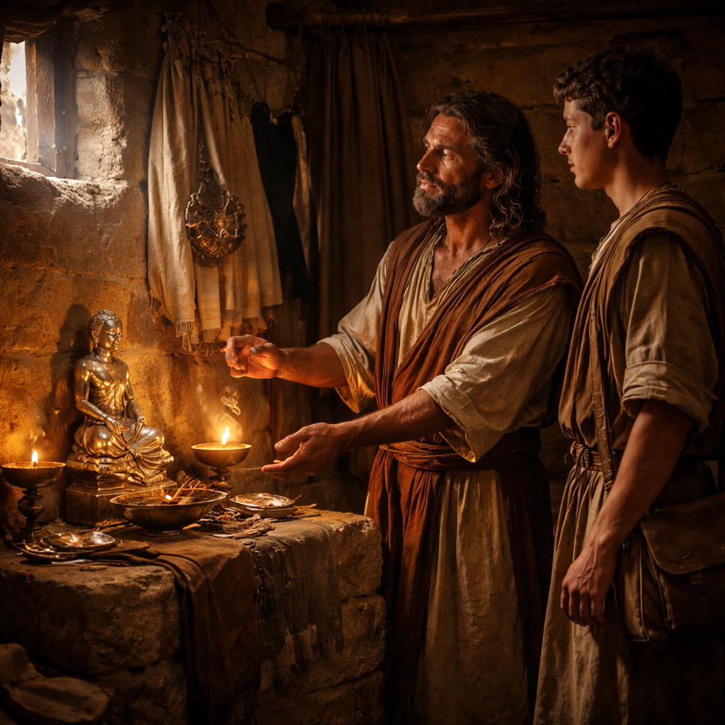 Míká házi szentélye bálvánnyal és efóddal, mellette egy lévita áll (Bírák 17).