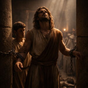 Vak Sámson a filiszteus templomban két oszlop között áll, mielőtt utolsó imájában Istenhez fordul (Bírák 16).