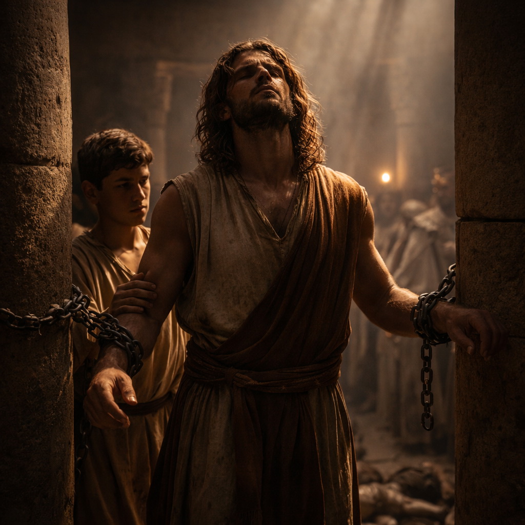 Vak Sámson a filiszteus templomban két oszlop között áll, mielőtt utolsó imájában Istenhez fordul (Bírák 16).