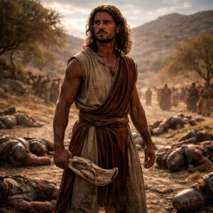 Sámson a szamár állkapcsával áll a legyőzött filiszteusok között, az ÚR erejére utalva (Bírák 15).