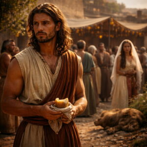 Sámson timnai lakodalma a rejtvény feszültségével, kezében méhsejttel az oroszlánból lett méz titkára utalva (Bírák 14).