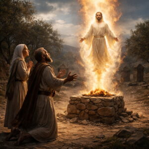 Manóah és meddő felesége az ÚR angyalától kap kijelentést Sámson nazireusi elhívásáról, az oltár lángjánál.