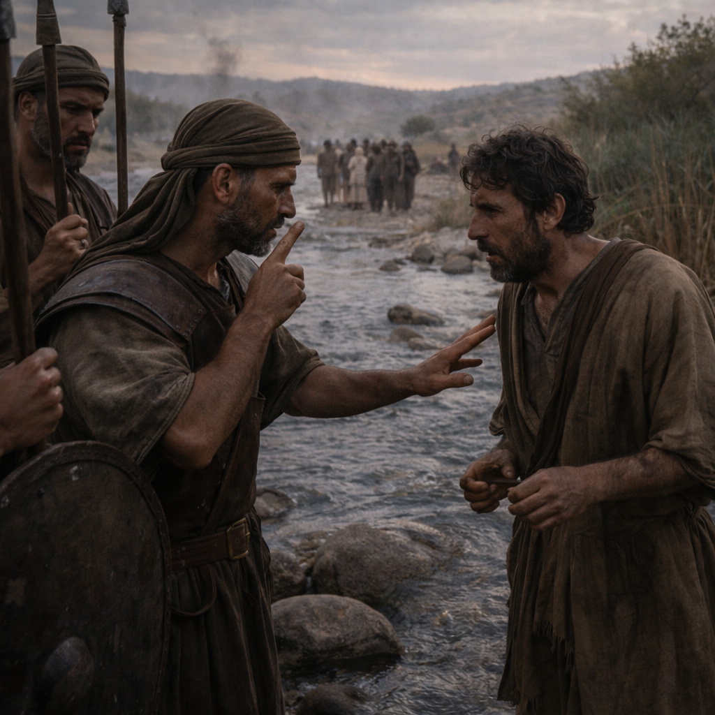 Gileádi őrök a Jordán gázlójánál feltartóztatnak egy menekülőt, a beszéde alapján vizsgálva; a “Sibbóleth” próba feszültsége látszik.