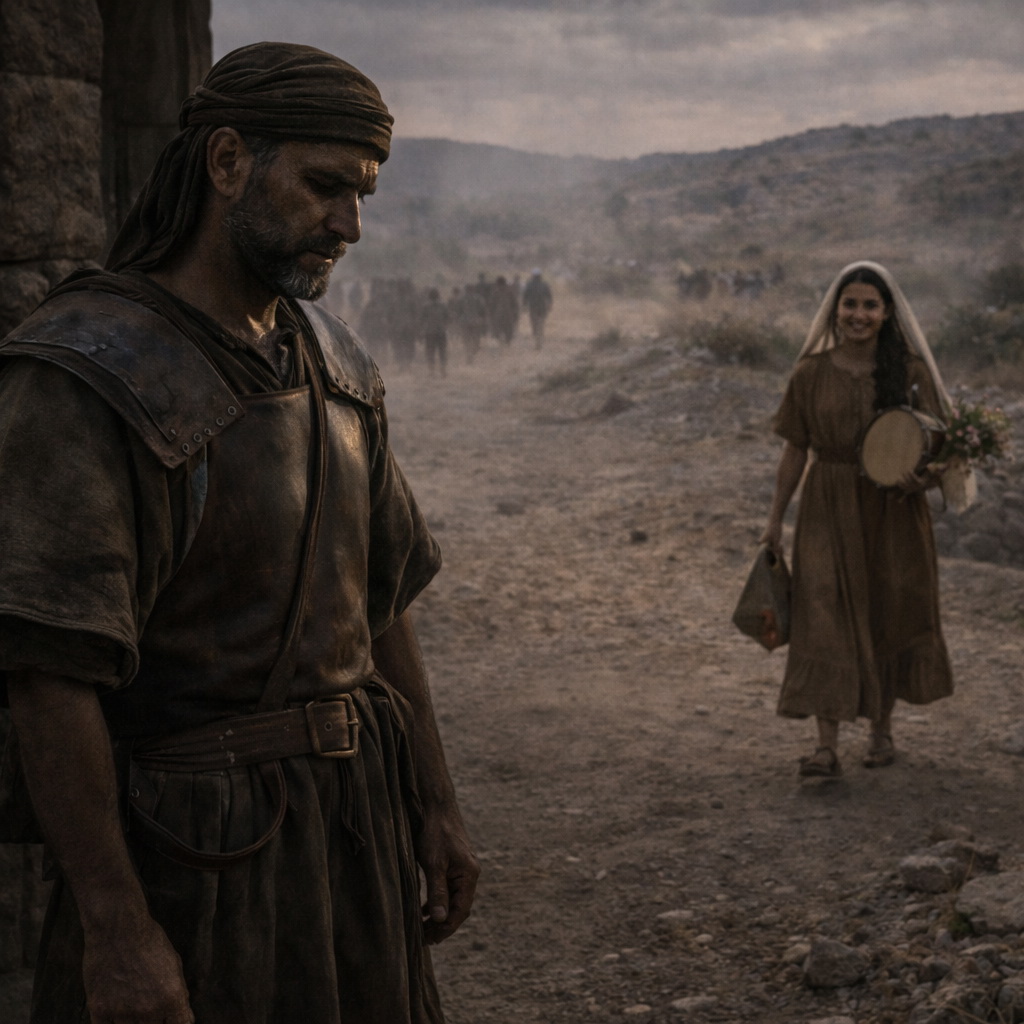 Jefte győztesen, mégis megtörten áll a gileádi kapunál, miközben lánya távolról ünnepléssel közeledik; a fogadalom súlya feszül a jelenetben.