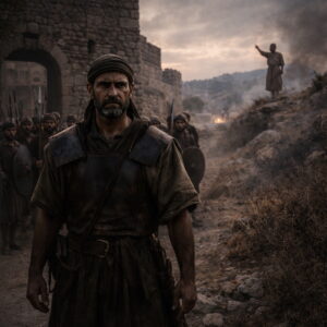 Abimélek fenyegetőn áll Sechemben fegyveresekkel, míg a távolban Jótám figyelmeztet a hatalomvágy ítéletére.