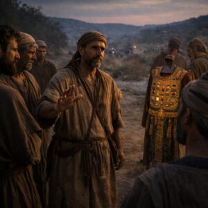 Gedeon a győzelem után békít a törzsek között, miközben háttérben egy díszes efód túlzott tisztelete csapdára utal.