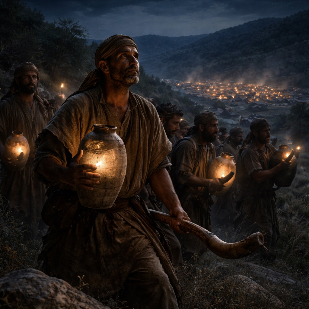 Gedeon háromszáz emberével éjszaka körülveszi a midiánita tábort, kürtökkel, korsókkal és rejtett fáklyákkal Isten szabadítására készen.