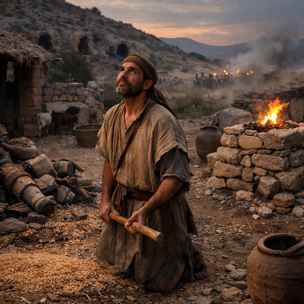 Gedeon egyszerű izráelita udvarban, a nyomorúság közepén Isten hívására figyel, háttérben lerontott bálványoltár és új oltár jele.