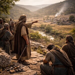 Izráel törzsei Kánaánban tanácskoznak a honfoglalásról, miközben a háttérben megmarad a kánaáni jelenlét, jelezve a részleges engedelmességet.