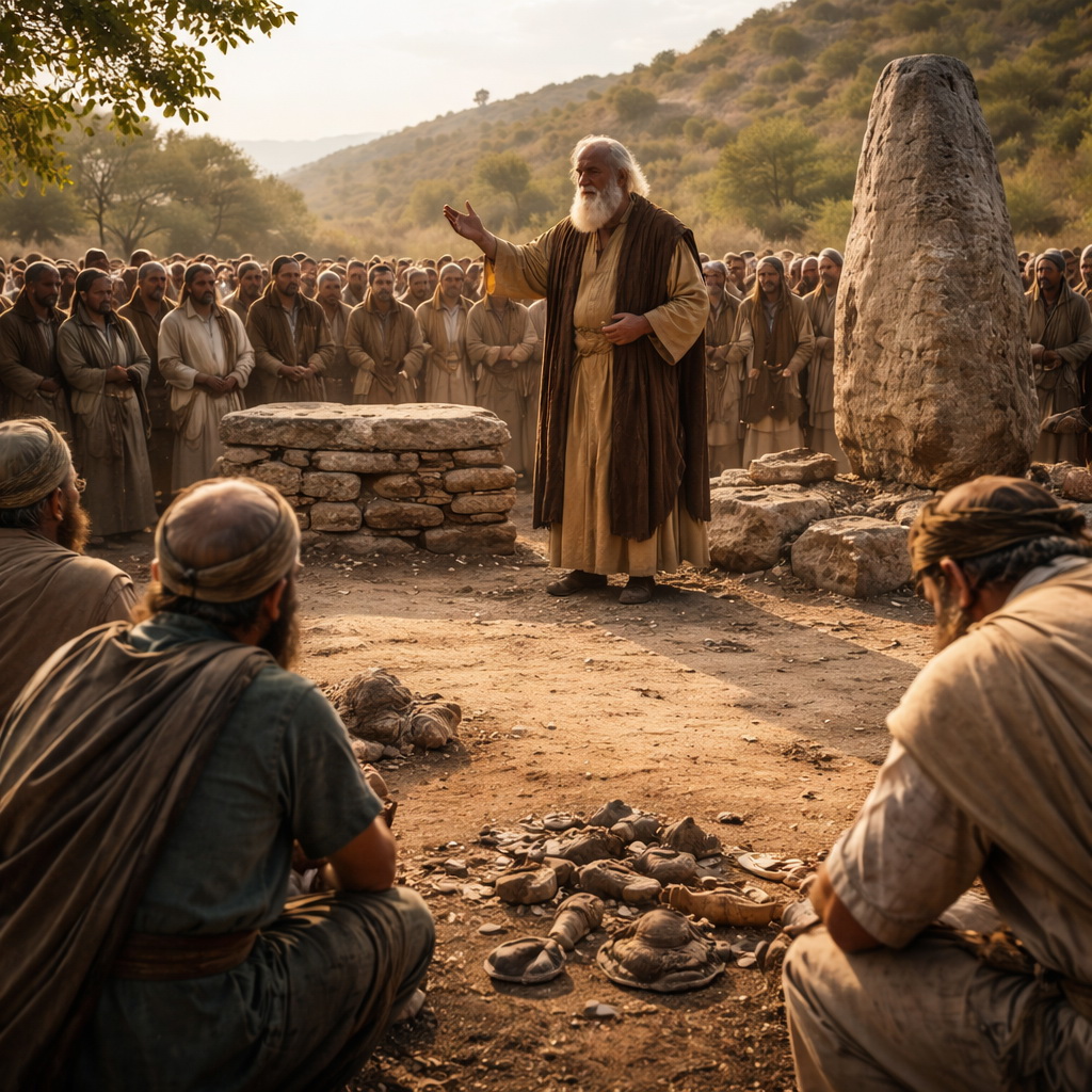 Józsué szövetségmegújításra hívja Izráelt Sikemben, a nép az Úr szolgálata mellett dönt és elhagyja a bálványokat.