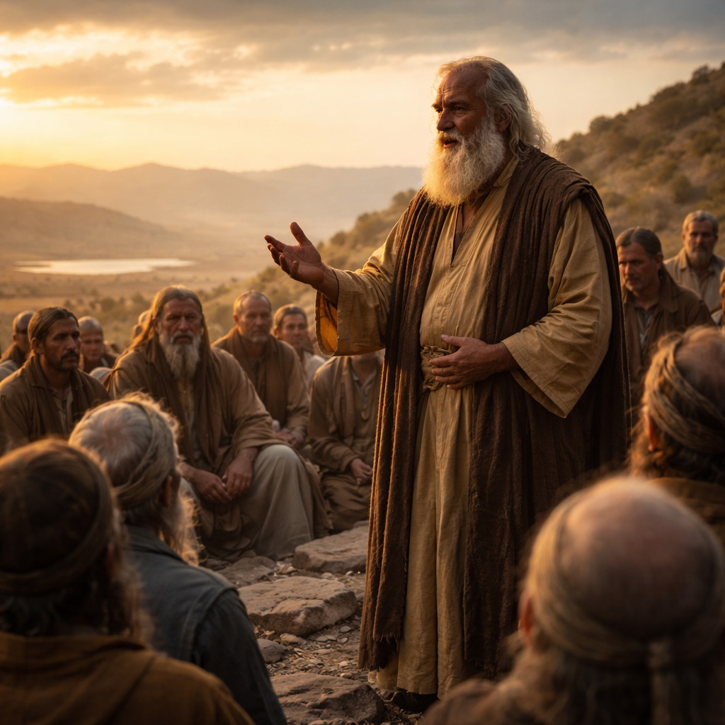 Józsué búcsúbeszéde Izráel vénei előtt a Jordán síkságán, figyelmeztetve a népet az Úr iránti hűségre.