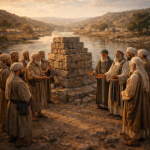 A Jordán partján álló tanúoltár mellett a keleti és nyugati törzsek küldöttei békességgel tisztázzák a félreértést, Pinehás jelenlétével