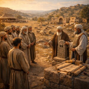 Léviták Józsué és Elázár előtt átveszik kijelölt városaikat és legelőiket, háttérben békés nyájak és lévita települések, Isten gondviselésének jeleként