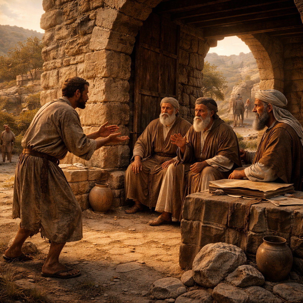 Menedékváros kapujánál vének hallgatják az akaratlan ölő ügyét, miközben a vérbosszuló kívül marad, a rend és igazságos kivizsgálás jelképeként