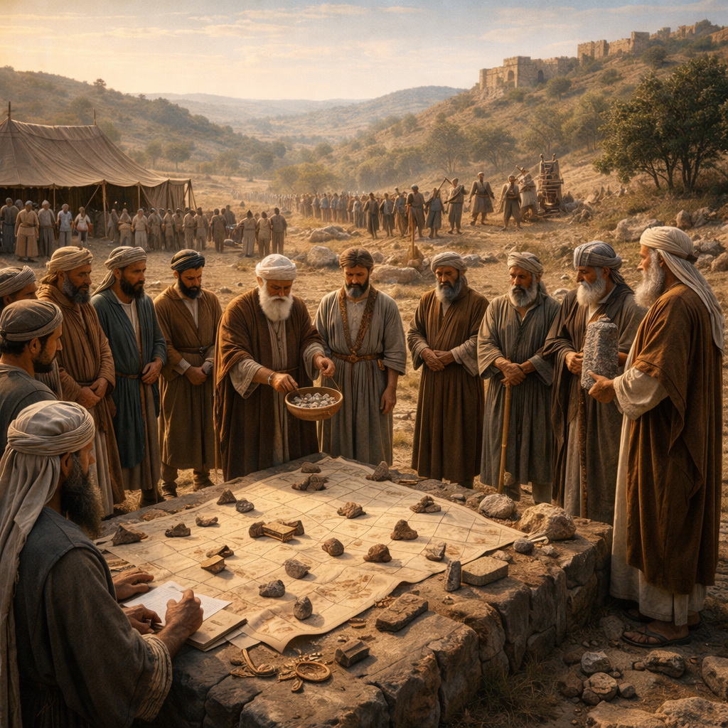 A törzsek képviselői sorsvetéssel osztják fel az örökséget Józsué idején, miközben Dán népe a birtokbavétel felé indul, Józsué pedig a végén kap részt