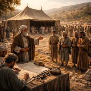 Silóban felállított gyülekezeti sátor előtt Józsué embereket küld a föld felmérésére, hogy az ÚR előtt sorsvetéssel osszák fel az örökséget