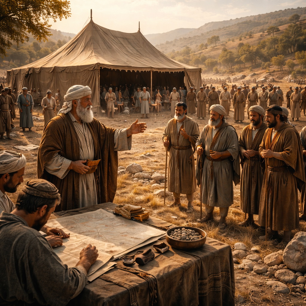 Silóban felállított gyülekezeti sátor előtt Józsué embereket küld a föld felmérésére, hogy az ÚR előtt sorsvetéssel osszák fel az örökséget
