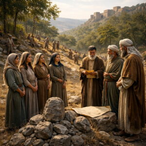 Celofhád leányai és Manassé vénei a földosztásnál, határkő mellett, háttérben a birtokbavételhez tisztított erdős domboldallal