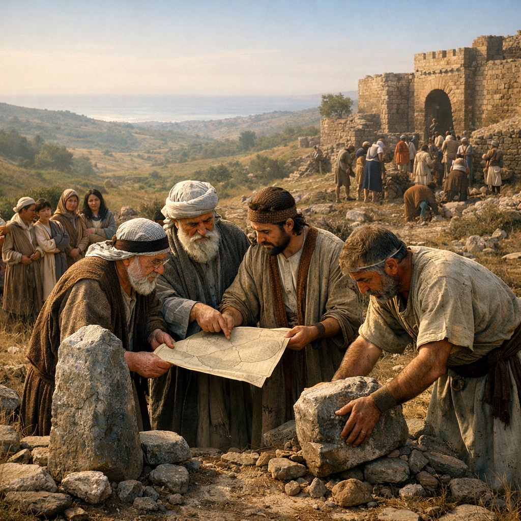 Efraim örökségének határkijelölése Józsué idején, kő határjelekkel és a távoli Gezer befejezetlen engedelmességének jelével