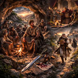 Dávid az Adullám barlangjában menedéket talál követőivel az 1 Sámuel 22 alapján, fotórealisztikus bibliai jelenet