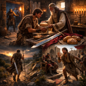 1 Sámuel 21 – Dávid menekülése Nóbban és Gáth felé | | Jézus Krisztus a mi megváltónk Dávid Ahimélek papnál Nóbban kenyeret és fegyvert kap az 1 Sámuel 21 alapján, fotórealisztikus bibliai jelenet