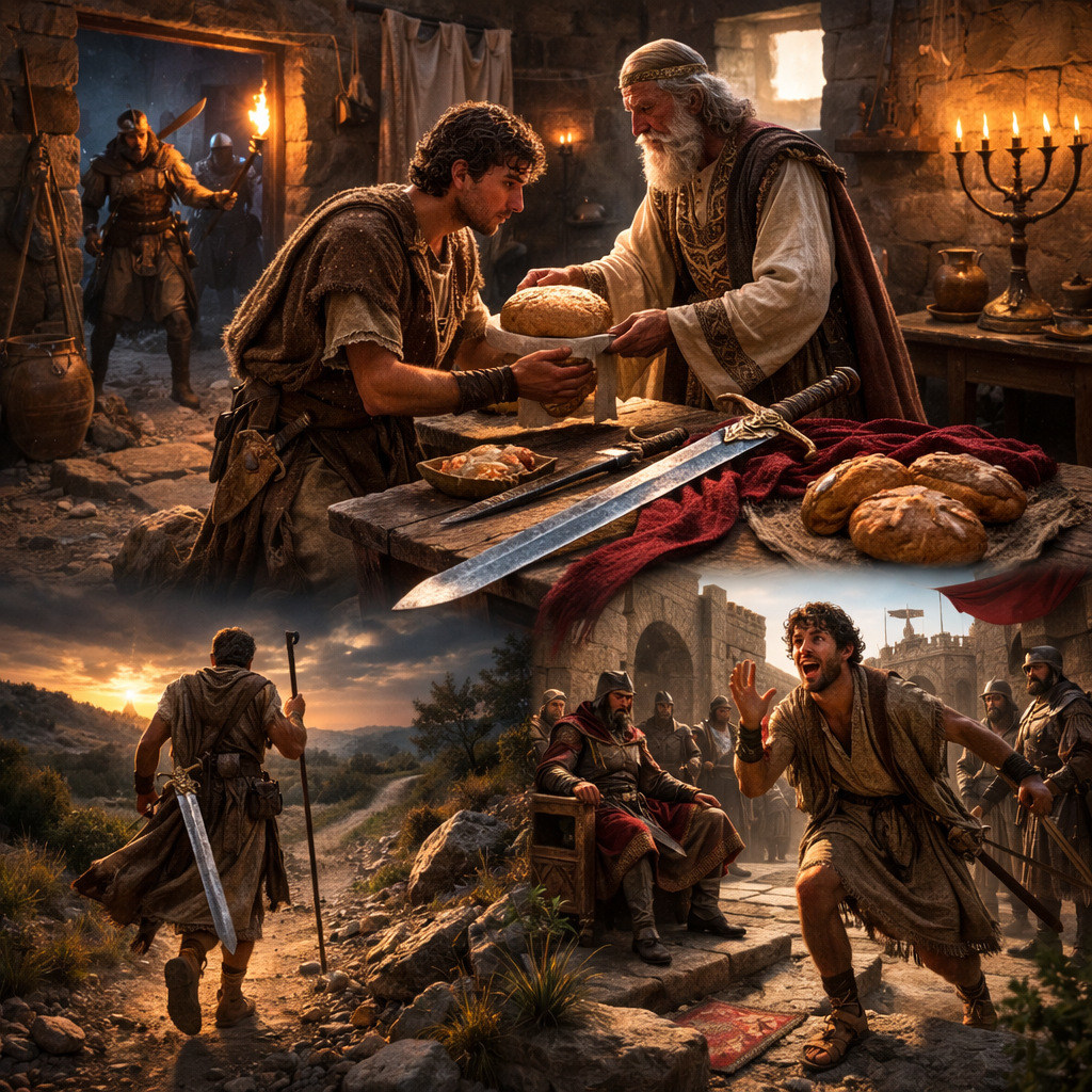 Dávid Ahimélek papnál Nóbban kenyeret és fegyvert kap az 1 Sámuel 21 alapján, fotórealisztikus bibliai jelenet