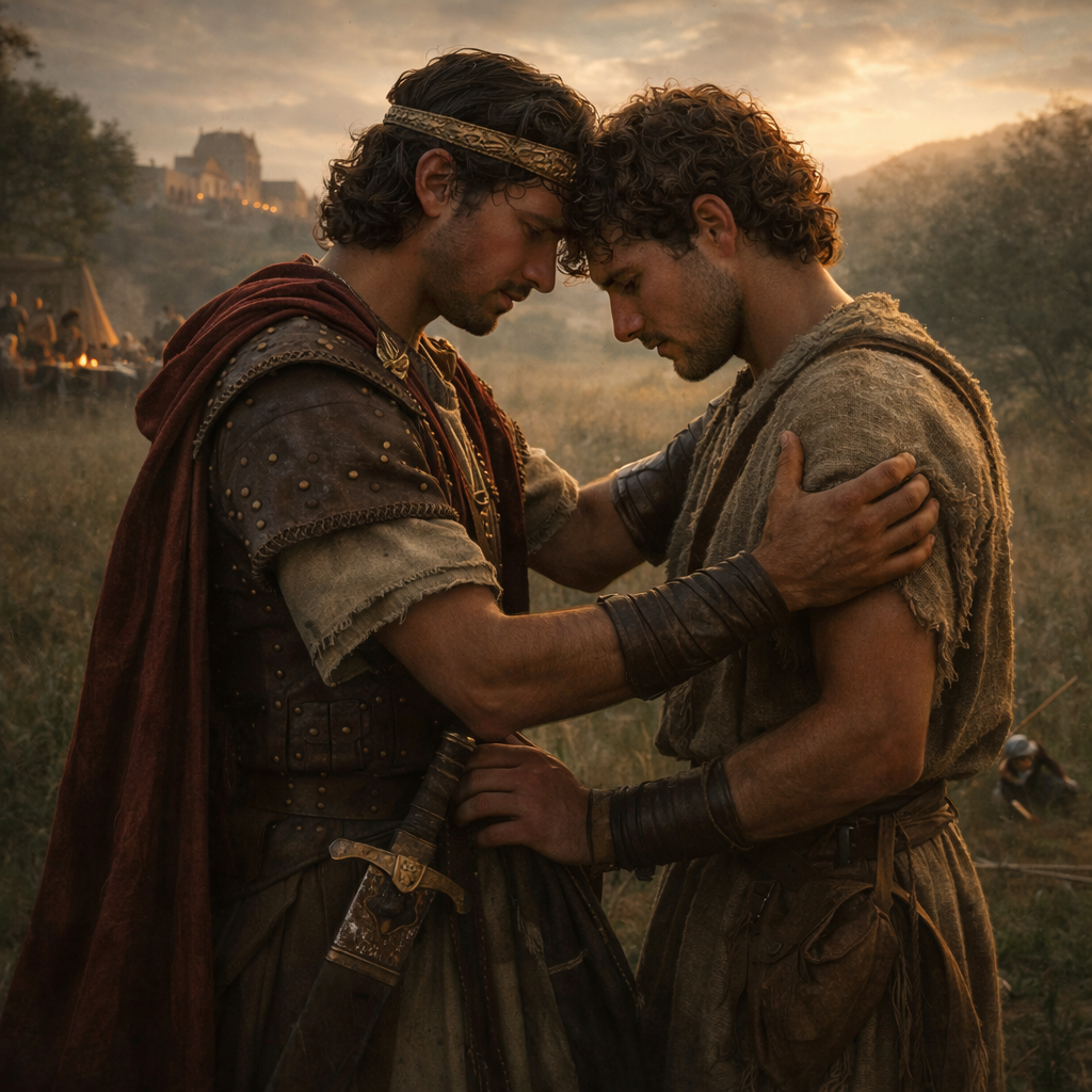 Dávid és Jónátán búcsúja a mezőn az 1 Sámuel 20 alapján, szövetségi hűséget ábrázoló fotórealisztikus bibliai jelenet