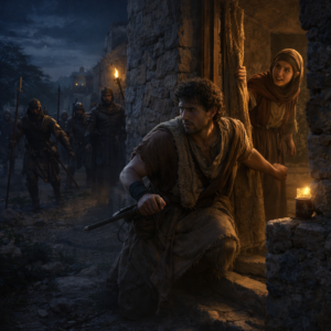 Dávid menekül Saul emberei elől az 1 Sámuel 19 bibliai jelenetében, fotórealisztikus ókori izraeli környezetben