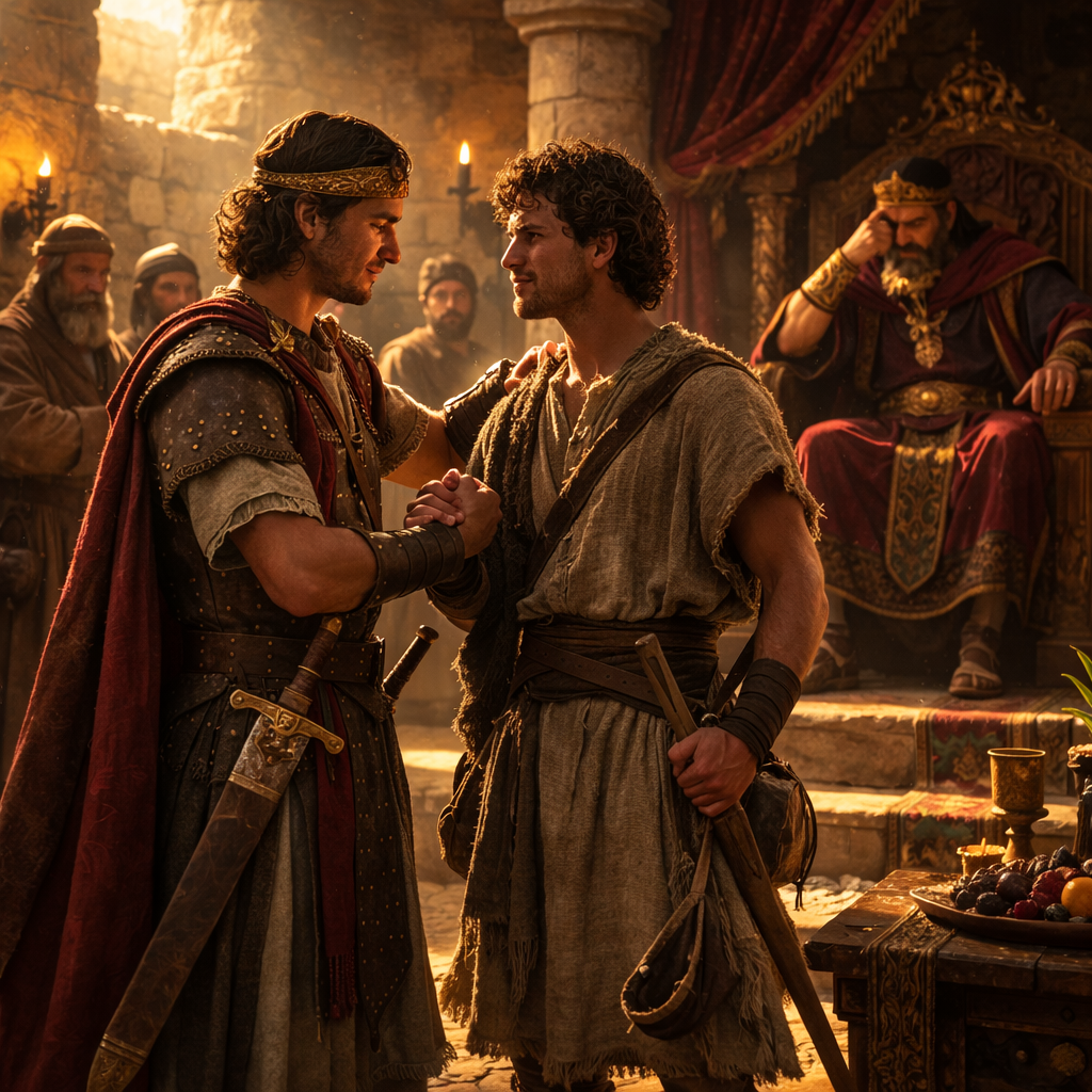 Jónátán és Dávid szövetségi jelenete Saul király udvarában az 1 Sámuel 18 alapján, fotórealisztikus bibliai környezetben