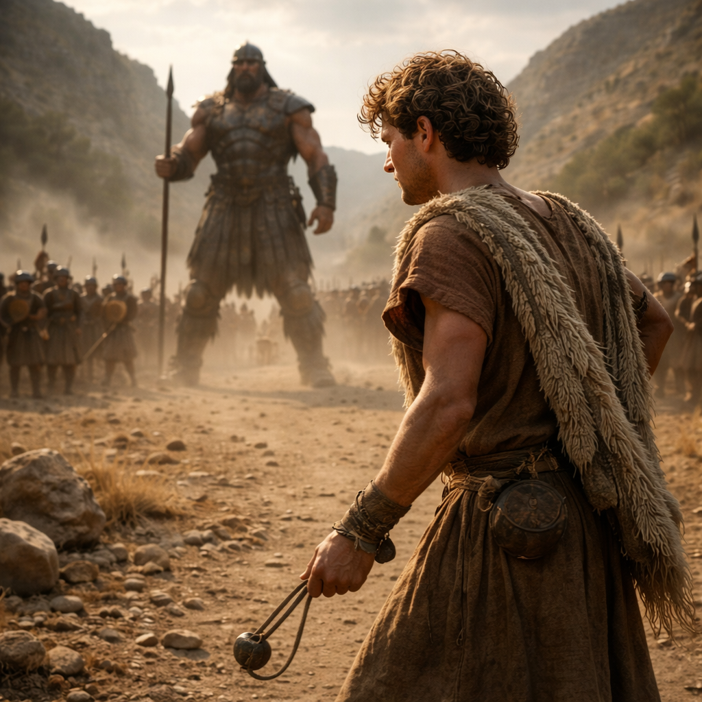 Dávid parittyával áll Góliáttal szemben az 1 Sámuel 17 bibliai jelenetében, fotórealisztikus ókori csatatéri környezetben