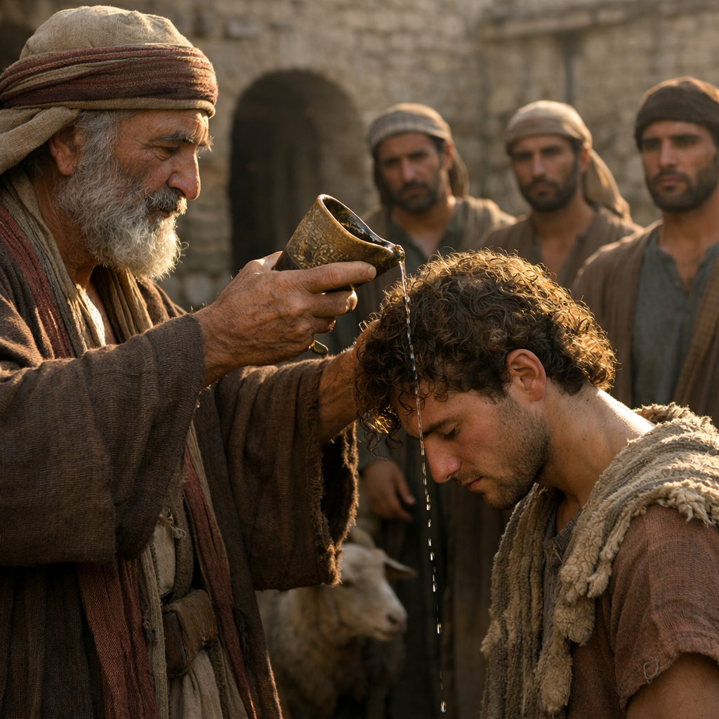 Sámuel próféta Dávid felkenésére készül Isai házánál Betlehemben, az 1 Sámuel 16 bibliai jelenete fotórealisztikus ábrázolásban