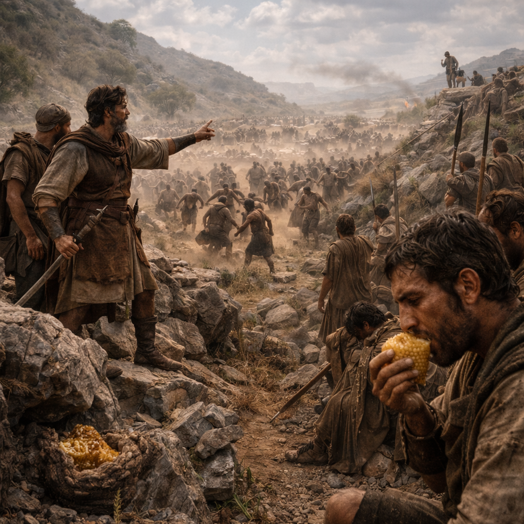 Jónátán és fegyverhordozója hitből előretör, a filiszteus táborban zűrzavar támad, miközben Izráel kimerülten küzd Saul esküje miatt (1Sám 14)