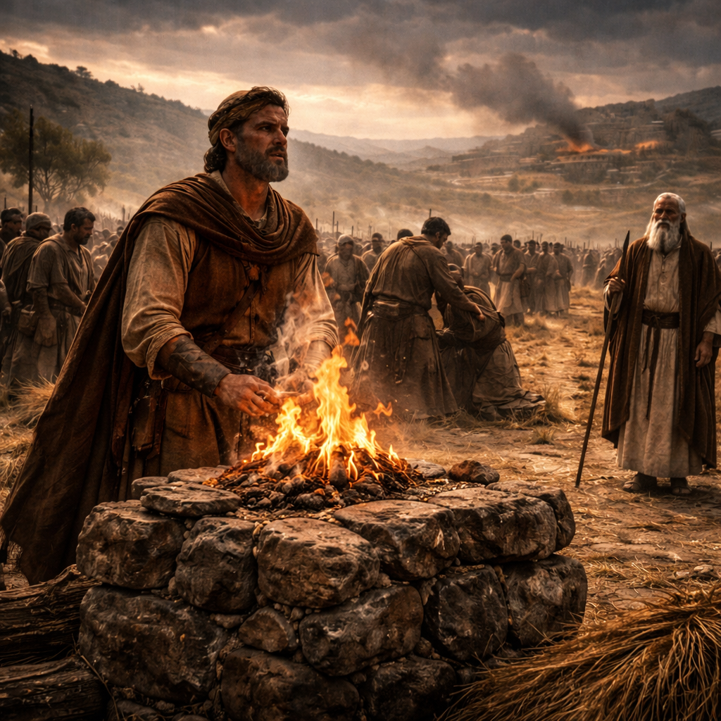 Saul Gilgálban önkényesen bemutatja az égőáldozatot, miközben Sámuel megérkezik és a filiszteus fenyegetés nyomása látszik (1Sám 13)