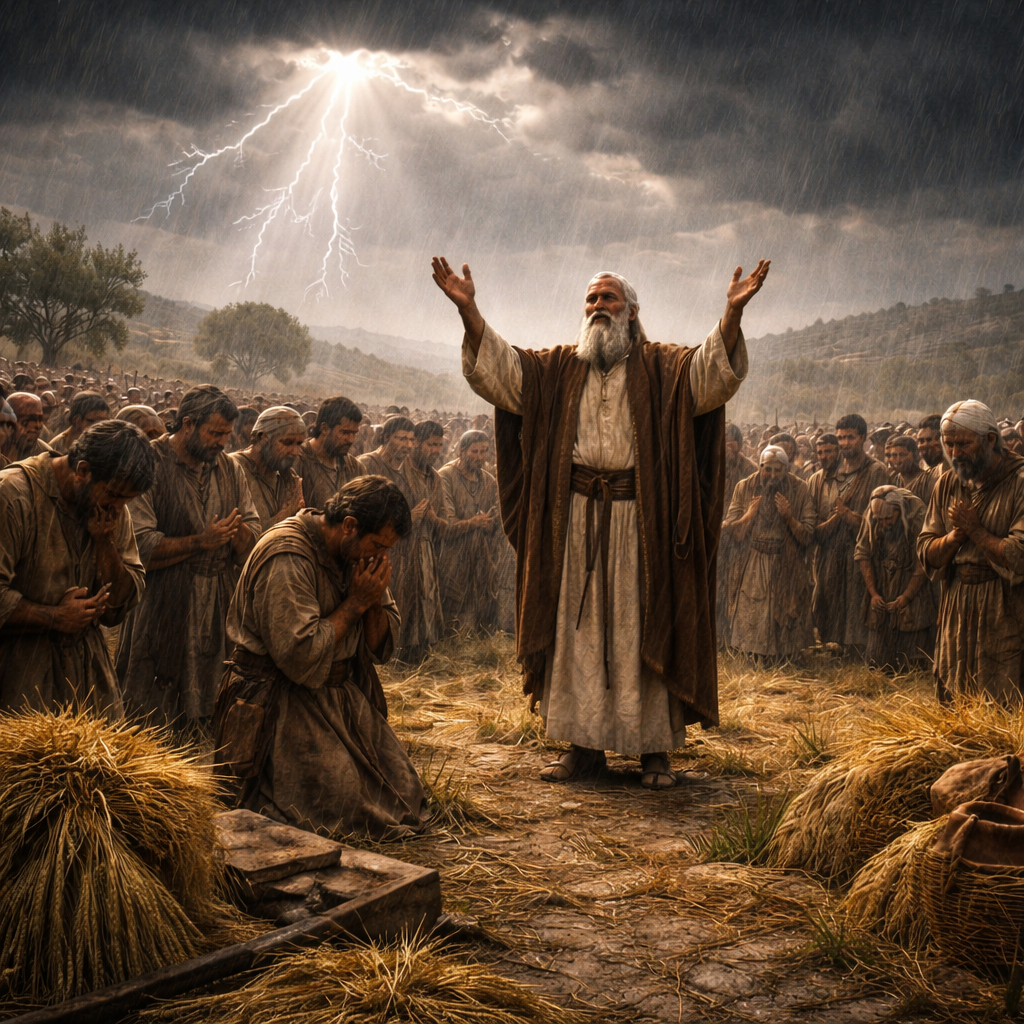 Sámuel próféta a néphez szól aratás idején, és az ÚR mennydörgése-eső jele figyelmeztet engedelmességre (1Sám 12)