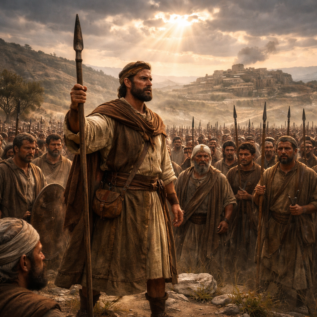 Saul összegyűjti Izráel népét Jábes-Gileád megsegítésére, az ÚR szabadítását és a közös bátorságot kifejezve (1Sám 11)