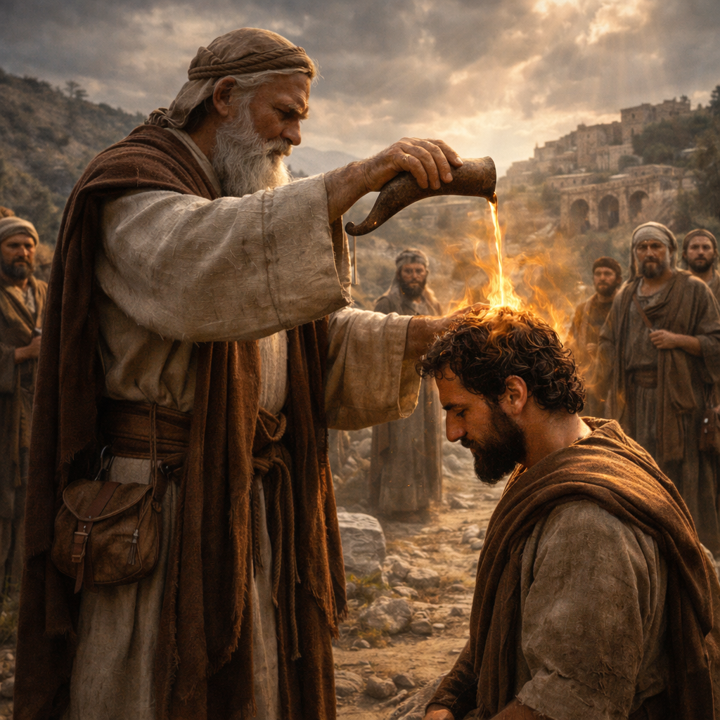 Sámuel próféta titokban felkeni Sault Izráel királyává a bibliai tájon, Isten vezetését és elhívását kifejezve (1Sám 10)